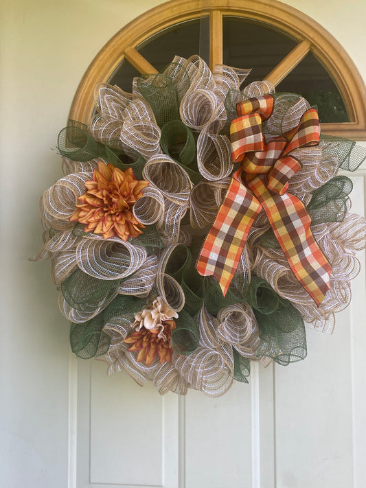 Large Fall wreath/ plaid ribbon/ flowers/deco mesh Classic Crafts By Asia